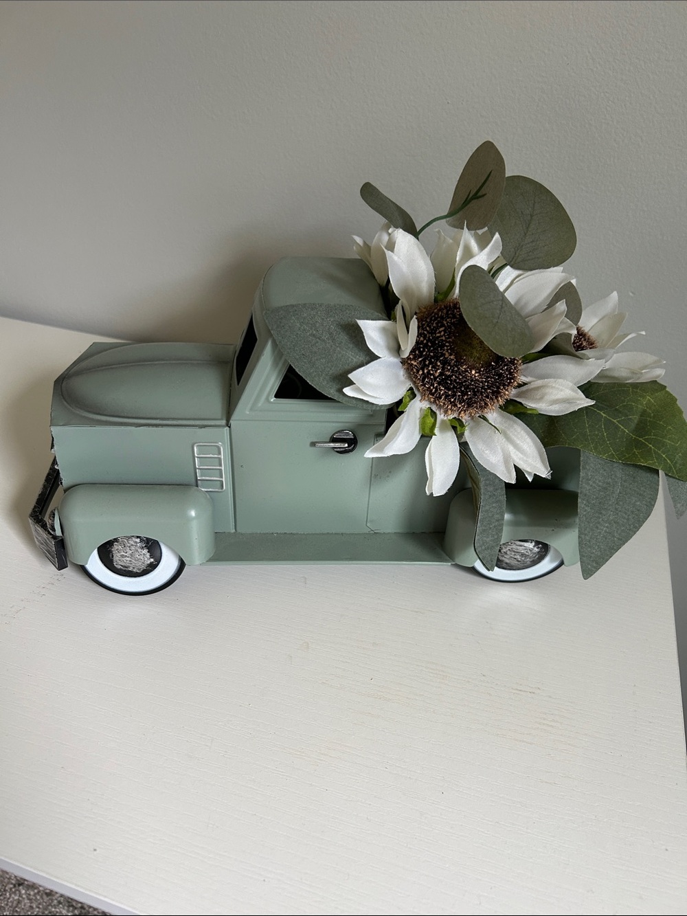 Decorative Mint Green Truck Planter with White Sunflower Accent